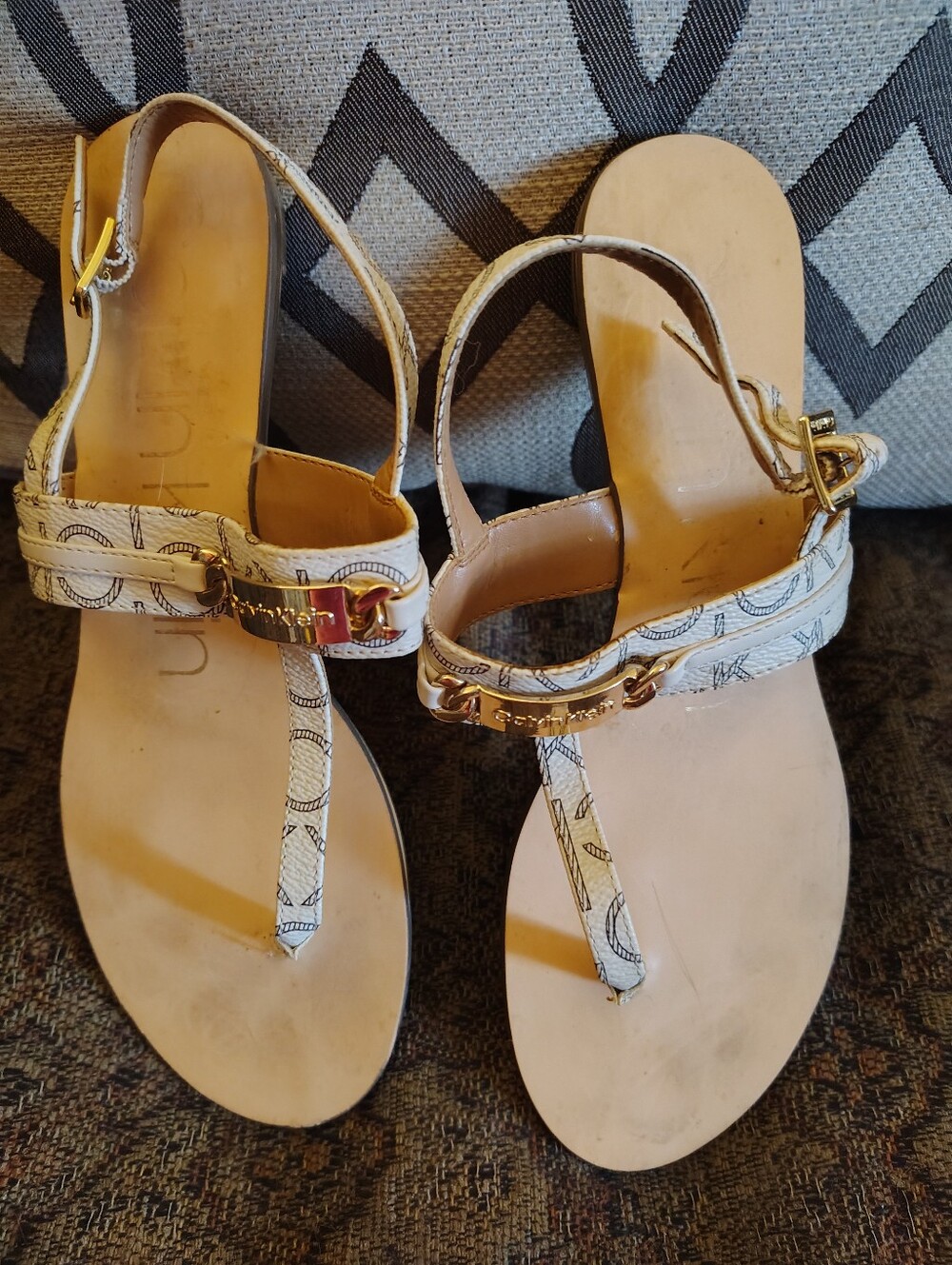 Calvin Klein Beige Logo-Print T-Strap Sandals with Gold Accents